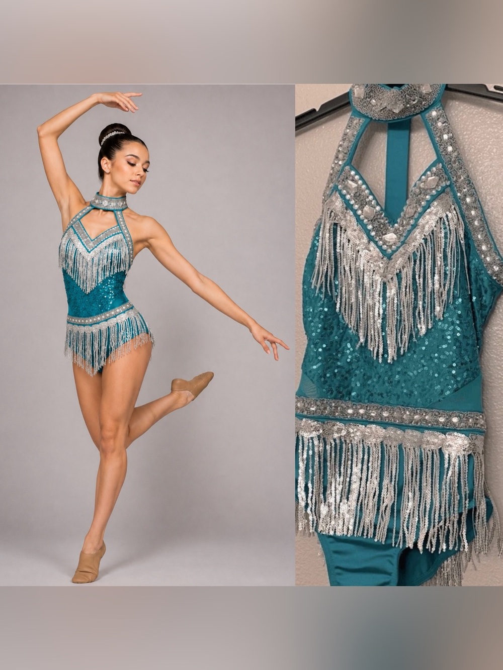 Glamour dance costume teal silver fringe contemporary Broadway embellished SA